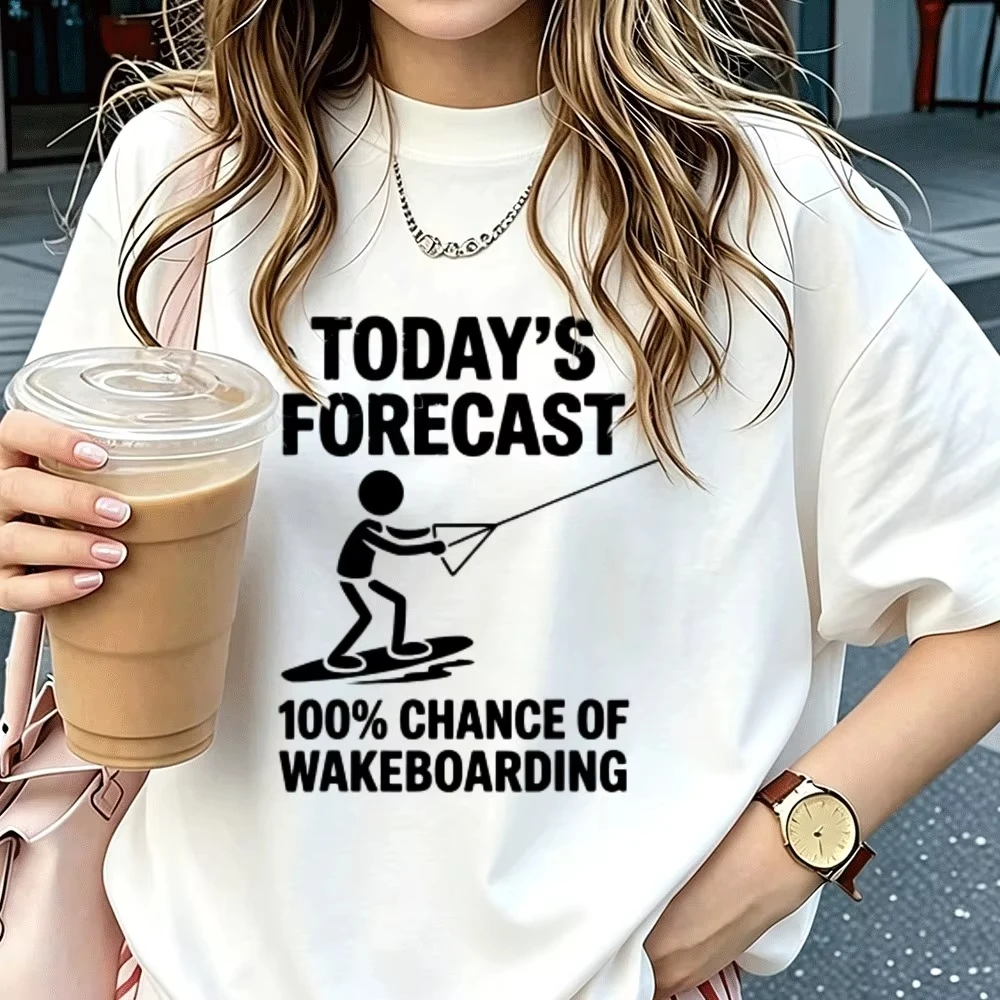 Today's Forecast 100% Chance of Wakeboarding Graphic Cotton T‑Shirt Stick Figure Wakeboard Sports Humor Print Casual Streetwear