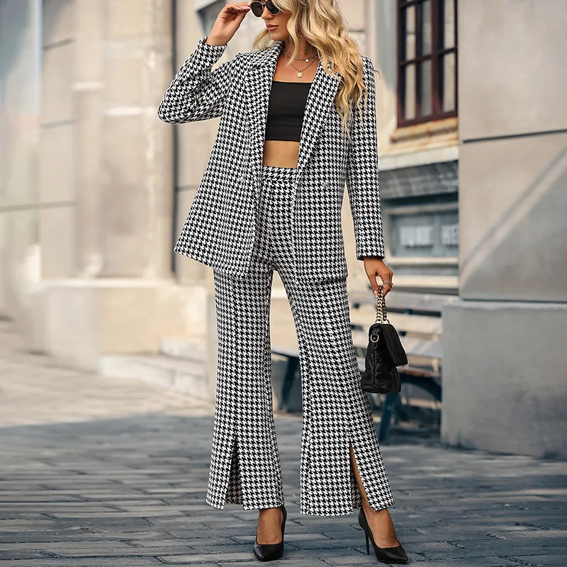 Winter Plaid Women Suits Custom Made Office Lady Fashion Long Sleeve V Neck Oversized Blazer Wide Leg Pants 2 Pieces