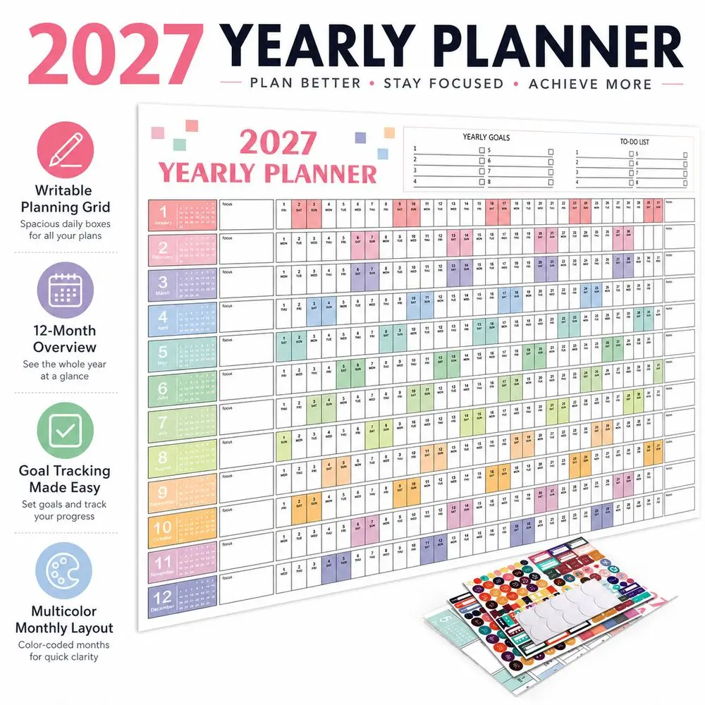 Paper 2027 Wall Calendar Multicolor Layout To Do List Schedule 2027 Yearly Planner Writable Planning Grid Agenda Organizer