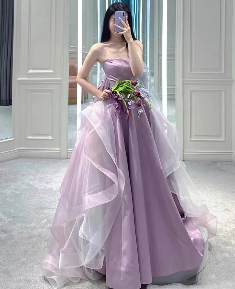 

Flora Dress Purple Satin A-line Off Shoulder Lone Prom Dresses with Organza Trail Evening Gowns Graduation Dress For Women 2023