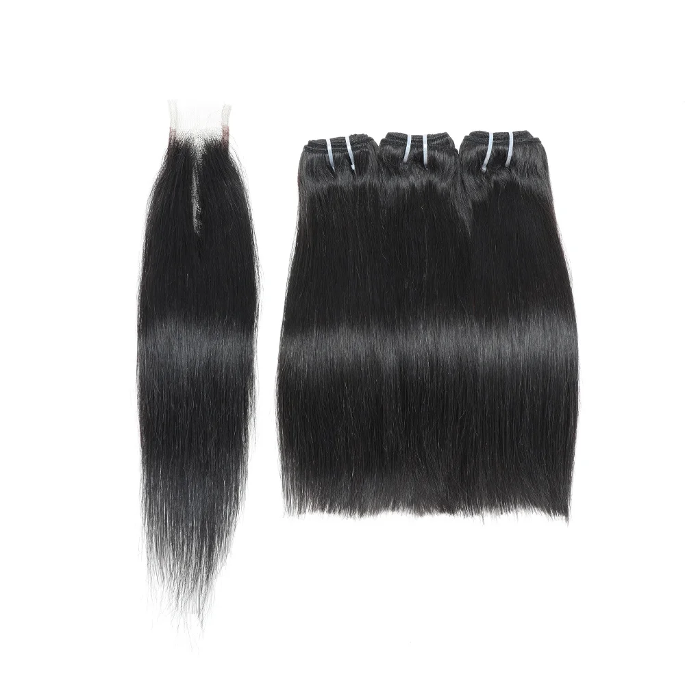 

Brazilian Double Draw Straight Human Hair Bundles with Closure Straight 3 Bundles with Closure RawHuman Hair Lace Kim K Closure