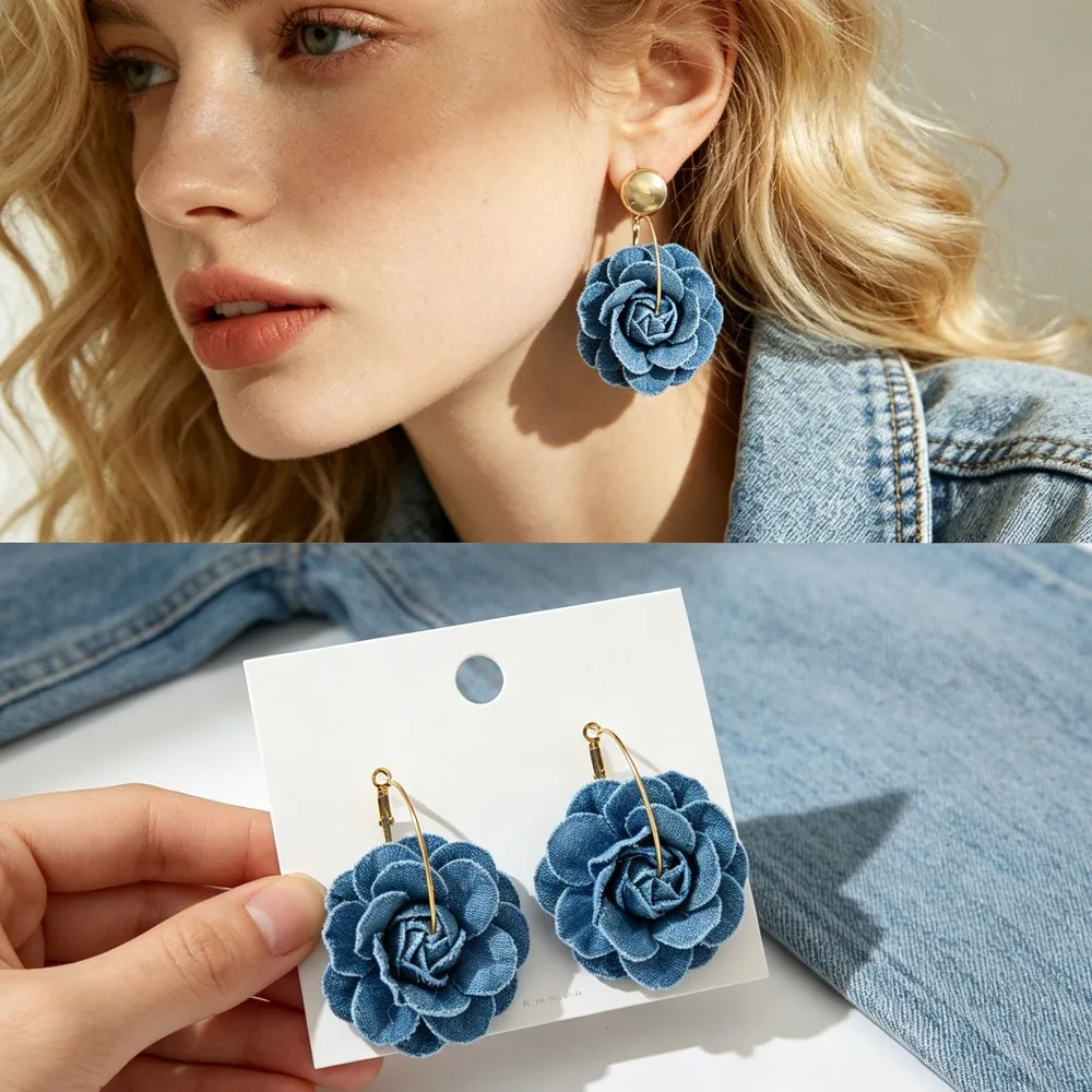 Vintage European American Fabric Denim Rose Flower Dangle Earrings Blue Artistic Pendant Jewelry