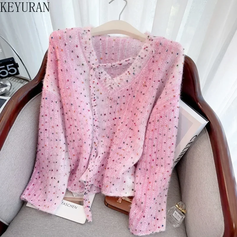 Gradient Color Sequin Colour Dot Pullover Sweater Women Autumn Winter V-Neck Long Sleeve Csaual Lazy Loose Knitwear Tops Jumper