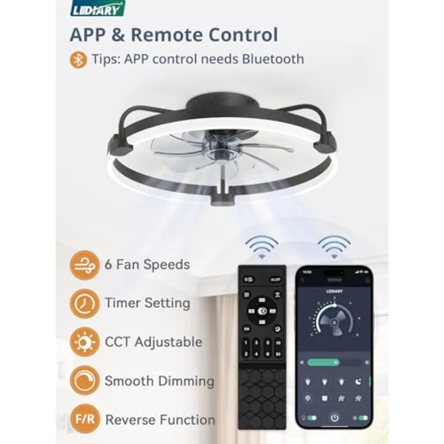 Bedroom ceiling fan with light and remote: 20'' low profile flush mount, black metal, 3000-6000K dimmable LED, 6 speeds, modern