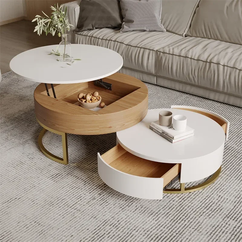 

Morden Coffee Table 31.5" L Multifunctional Round Lift Desk with Swivel Drawers and Storage Cabinets, for Living Room