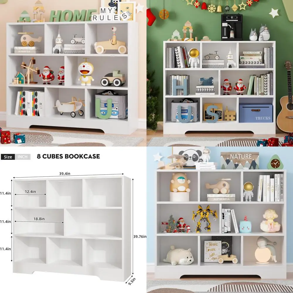 White 3-Tier Wooden Cube Bookshelf Organizer with 8 Storage Cubes for Bedroom Use