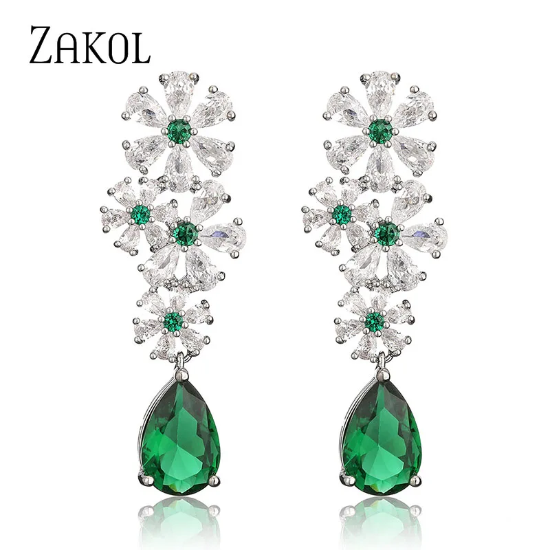 ZAKOL Vintage Luxury Green CZ Water Drop Flower Dangle Earrings Elegant Glamour Bridal Wedding Party Jewelry for Women EP5241