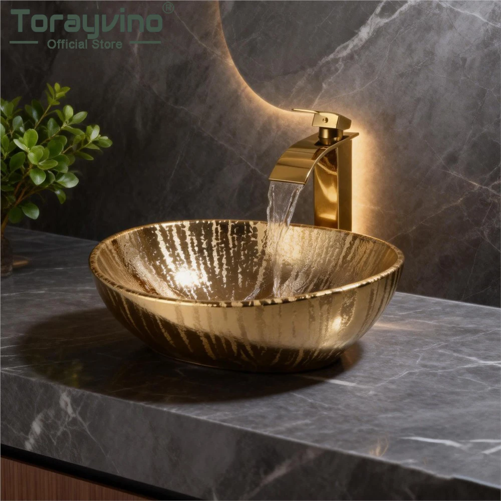Torayvino Bathroom Sink Gold Ceramic Oval Vessel Sink Vainty with Faucet and Pop-up Drain Combo Bowl Above Counter Basin Set