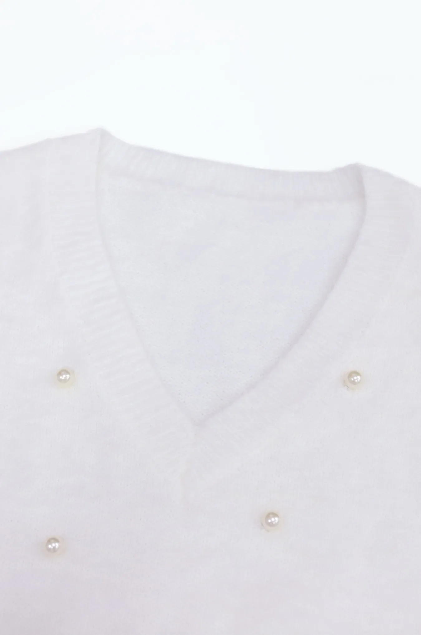 여성용 화이트 오버사이즈 브이넥 스웨터 긴 소매 캐주얼 풀오버 퍼지 니트 탑 진주 장식