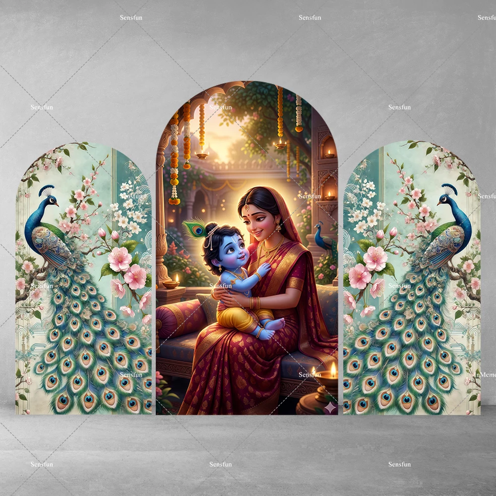 Indian Style Peacock Floral Arch Backdrop Cover Kids  Baby Shower Birthday Party Wedding Decor Background 2-sided