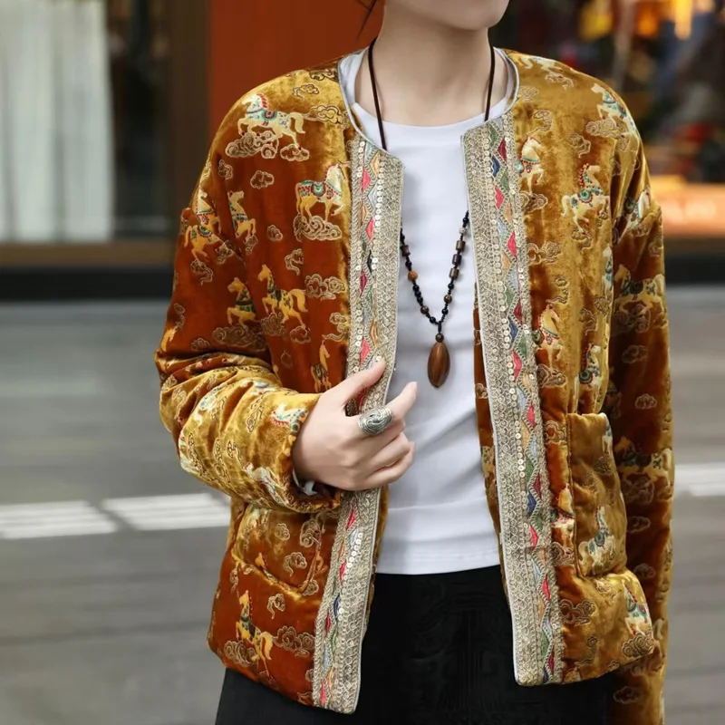 

Высококачественное зимнее теплое пальто, новое шелковое бархатное пальто с воротником-стойкой в китайском стиле, элегантное пальто с цветочной веткой + блестящая куртка с бисером, S-XXL