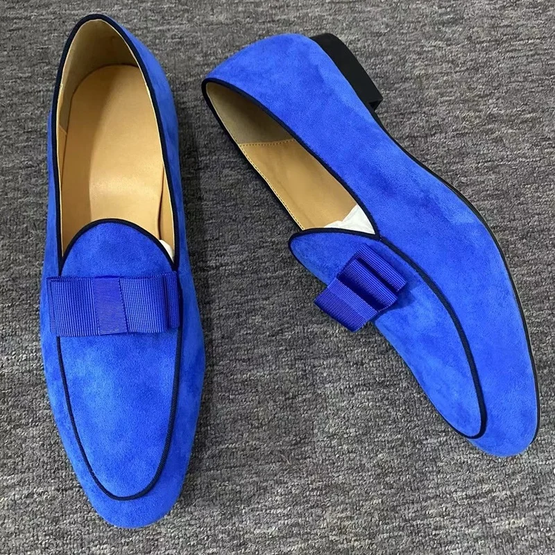 New Fashion Blue Cow Suede Loafers Bowtie Slip On Men Dress Shoes Handmade Designer Shoes Gentlemen Smoking Flats Slippers