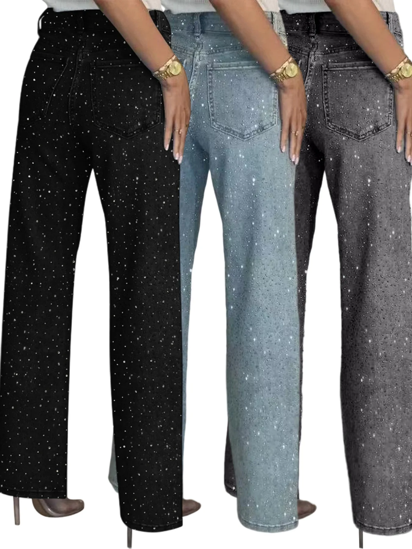 D8751 Women's High-Waisted Straight Leg Denim Pants with Full Rhinestone Wash - Trendy Flare Leggings
