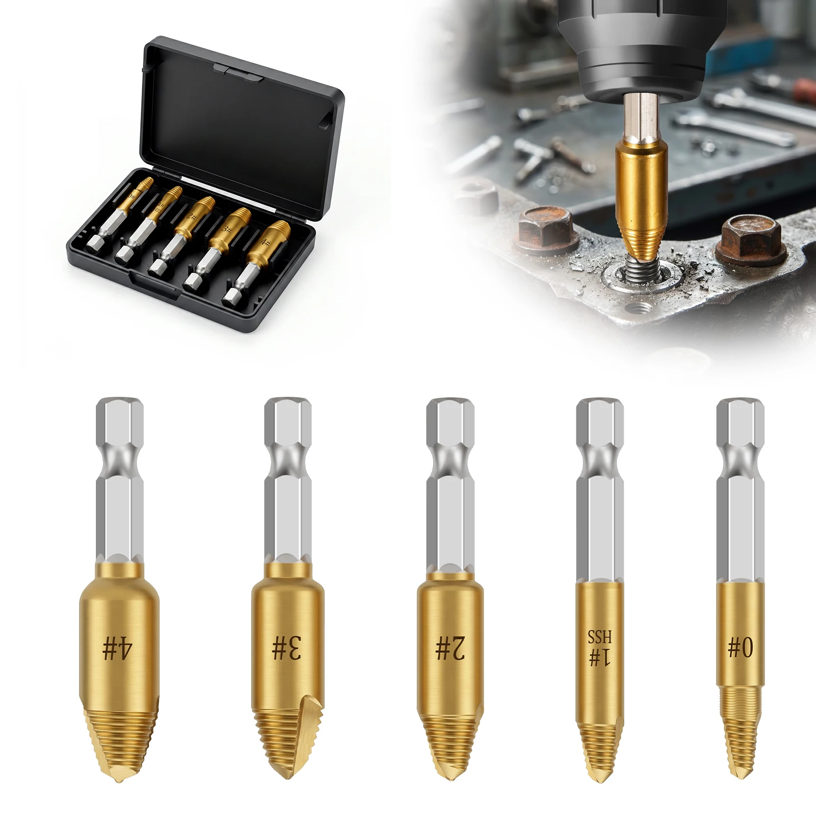 

5Pcs Damaged Screw Extractor Drill Bit Extract Bolt Stud Remover Stripped Screw Extractor Set Easy Out Demolition Removal Tool