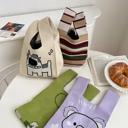 Cute Koala Handmade Knitted Handbag Retro Stripe Women Mini Knot Wrist Bag Niche Design Shoulder Tote Bag Reusable Shopping Bag