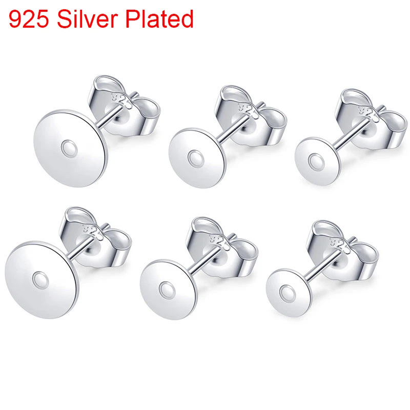 20szt 925 Sterling Silver Plated Earring Hooks Post Stud Base With Earring Backs 4 5 6 8mm Cabochon Settings For Jewelry Making