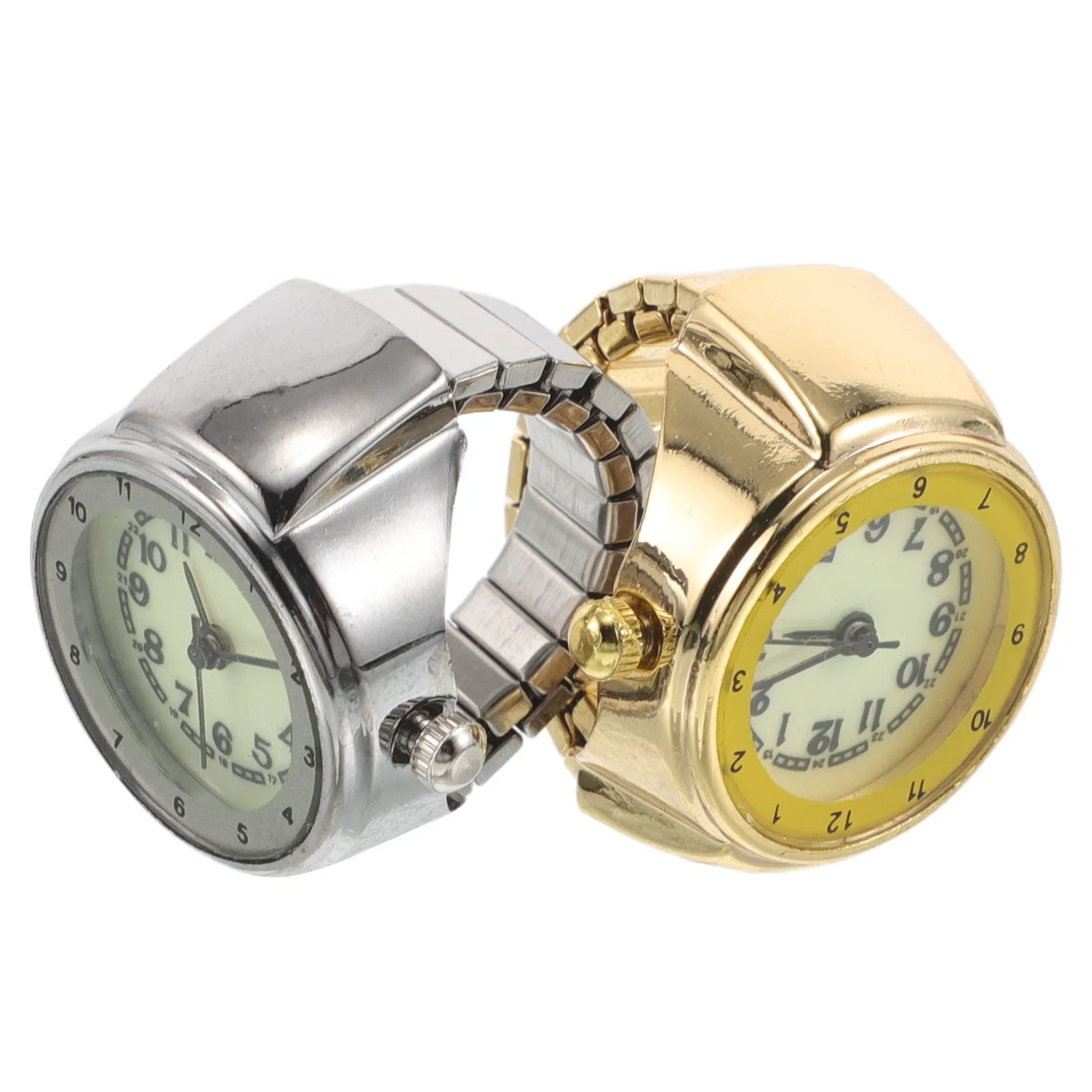 

2Pcs Night Luminous Finger Watch Stainless Steel Retro Quartz Adjustable Elastic Band Analog Ring Watch Unisex Mini Timepiece