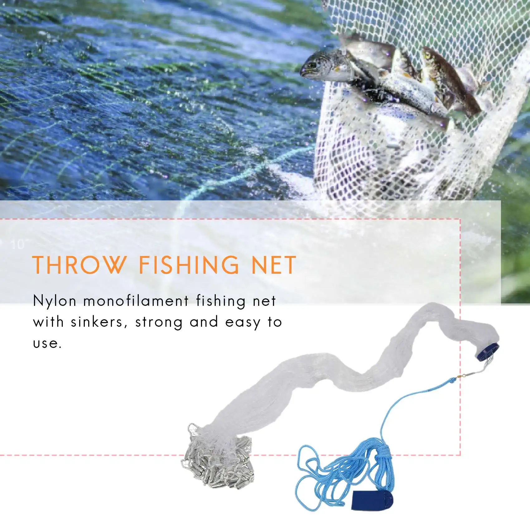 8Ft 2.4M Fishing Net Bait Easy Throw Hand Fish Shrimp Mesh Cage Cast Net 3/4 inch Strong Nylon Mesh+Sinker Tackle