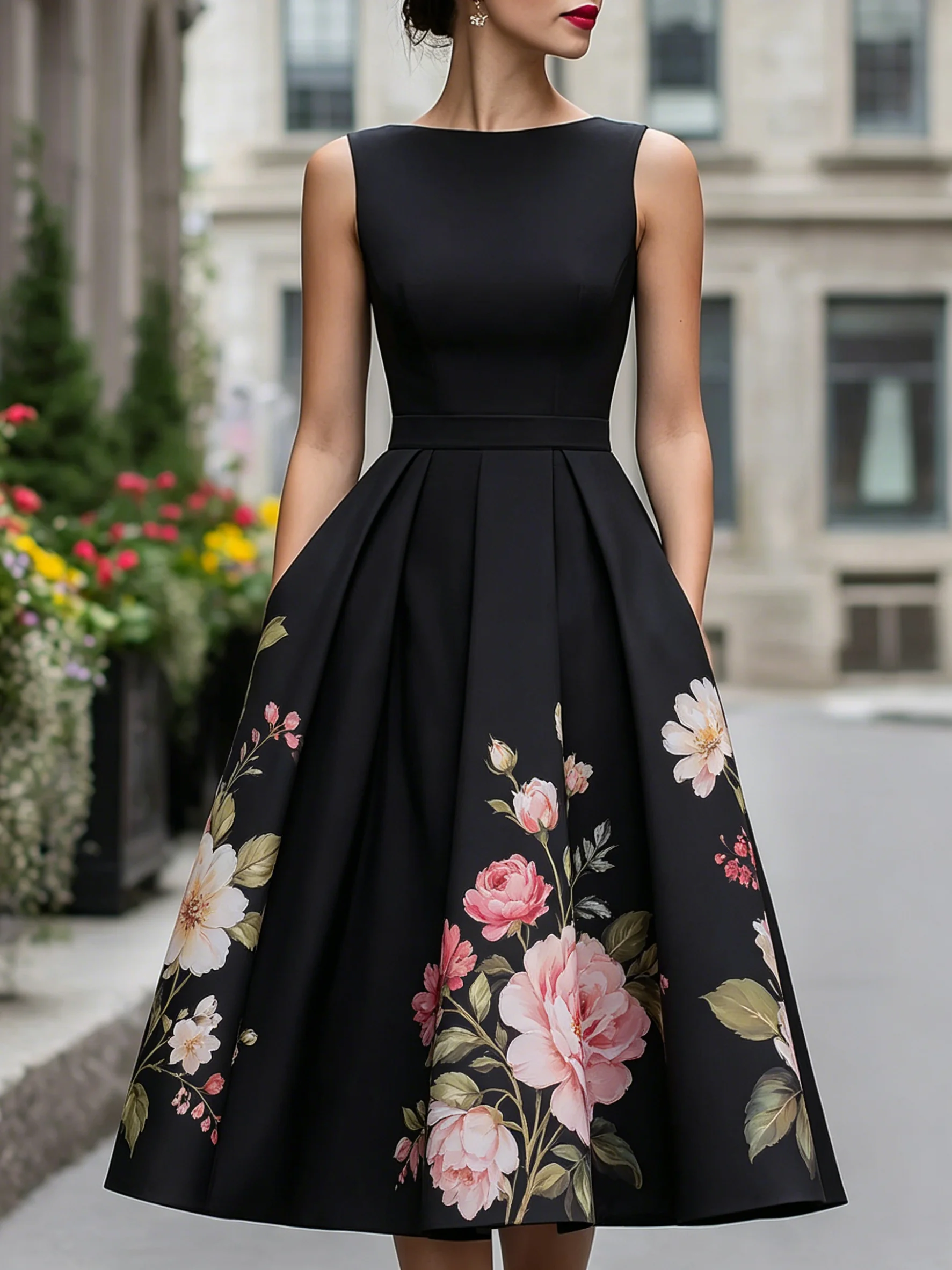 

Women's Black Floral Print A-Line Dress Summer Fitted Sexy Sleeveless Midi Dress For Women Casual Vacation Classic Clothing