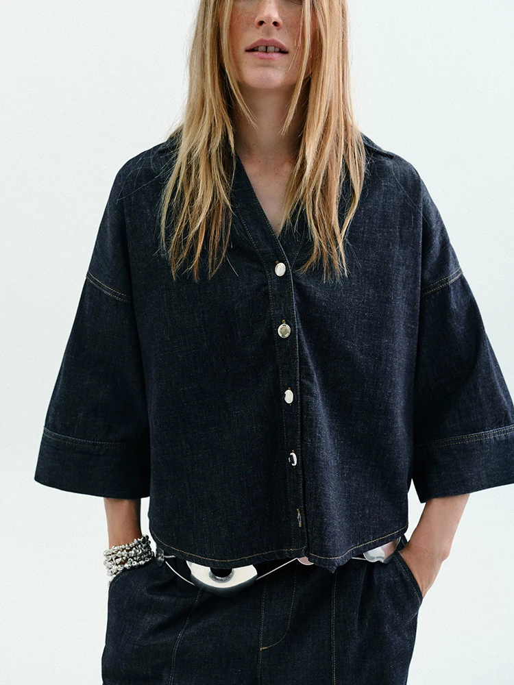 Faionable Wide Sve Umlegekragen Denim irt Damen Herbst Neuankömmling Süßes Temperament Pendeln Sle Loose Fit irt