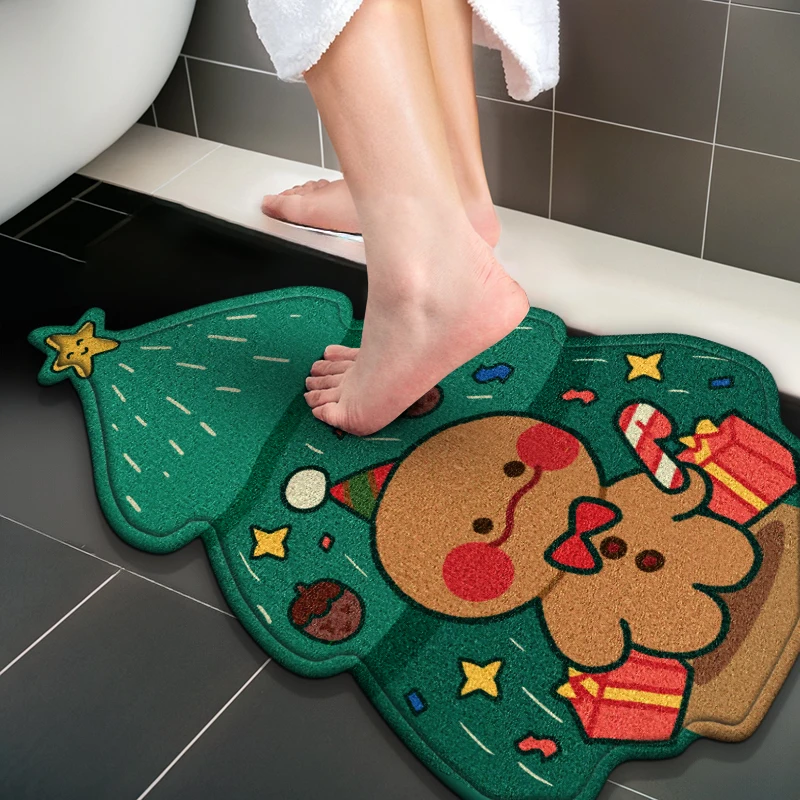 Christmas Themed Gingerbread Man Bathroom Mats Bathroom Anti-Slip Floor Rugs Shower Room Doormat Machine Washable Easier To Dry