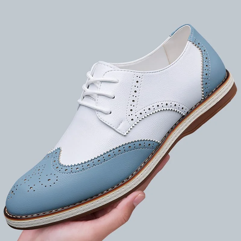 Mens White Blue Two Tone Brogue Oxford Shoes Lace Up Casual Dress Shoes Wingtip Breathable Lightweight Loafers Large Size：38-48