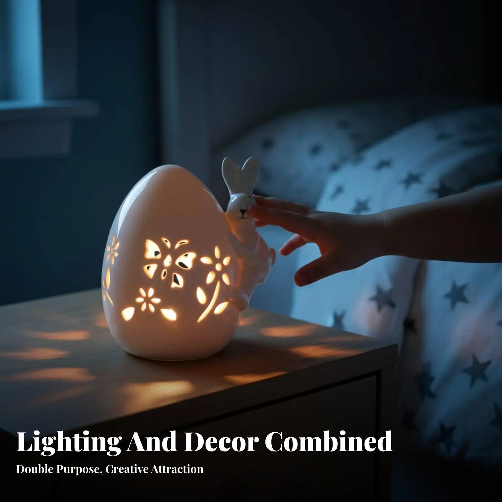 Soft Glow Ceramic Bunny Night Light for Bedside Table White Porcelain Egg Lamp with Bunny Figure Decorative Light for Cozy Home