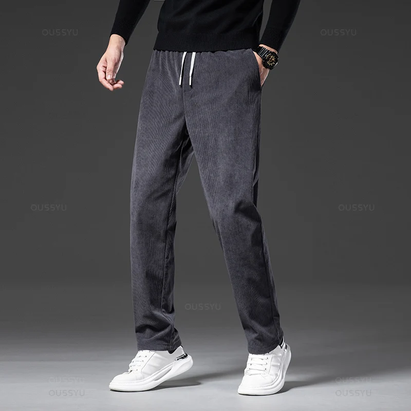 Four Seasons Men\'s Corduroy Casual Pants Elastic Waist Business Fashion Straight Loose Trousers Male Black Khaki Blue M-5XL