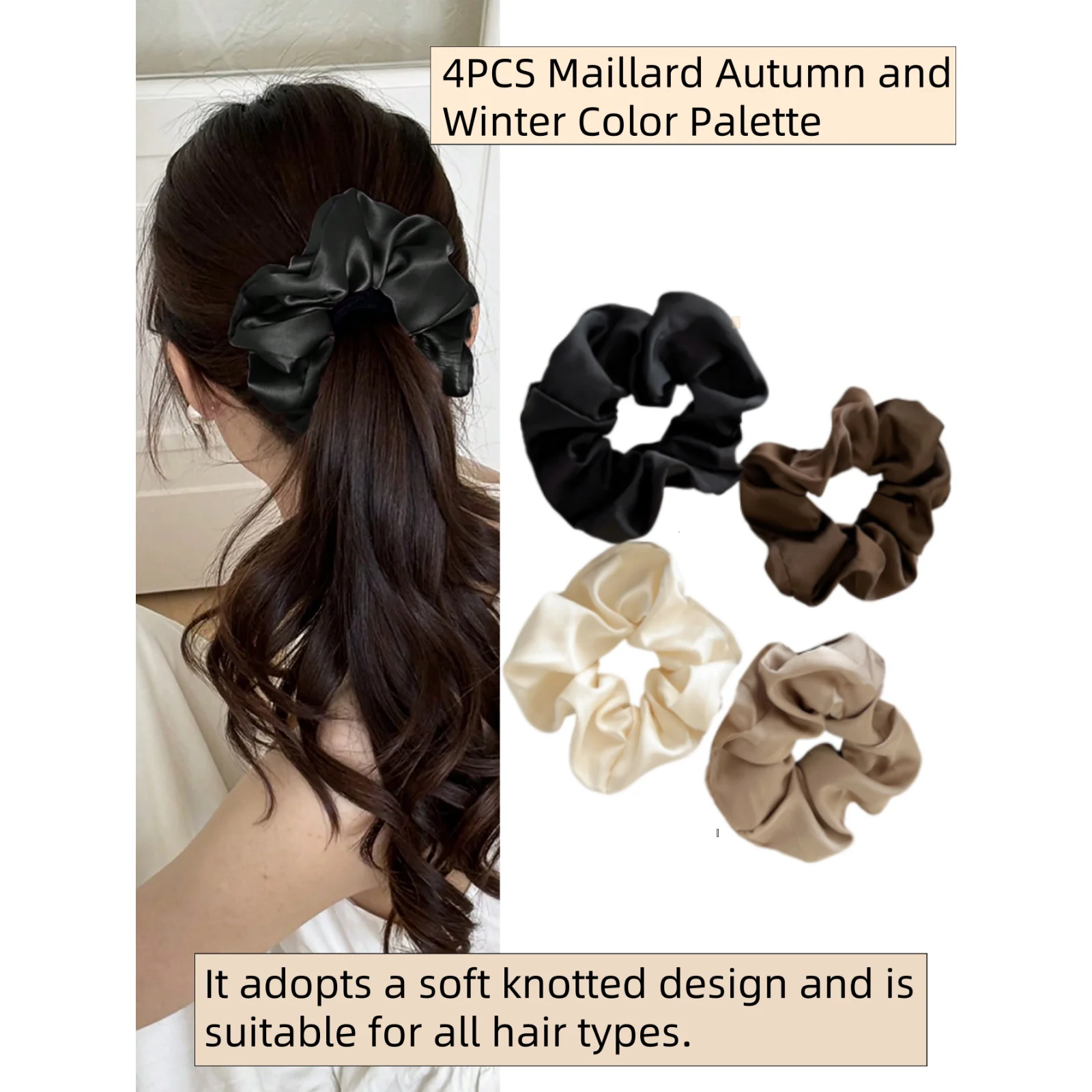 4 Stück einfarbige, große Haargummis, große Haargummis aus Satin für Damen. Benötigt eines weichen Knoten-Designs, die für alle Haartypen geeignet sind,