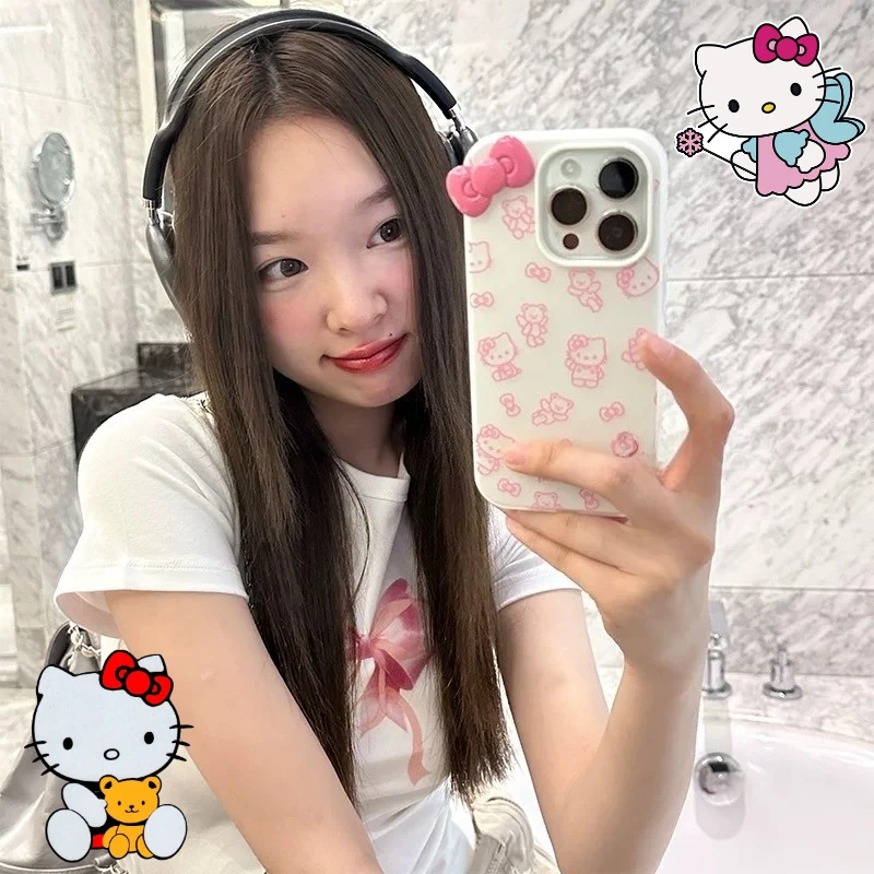 

Sanrio Hello Kitty Phone Case for IPhone 15 14 13 Pro Max 3D Bowkitty Cat Decoration Girl Anime Clear Case Lens Protection Cover