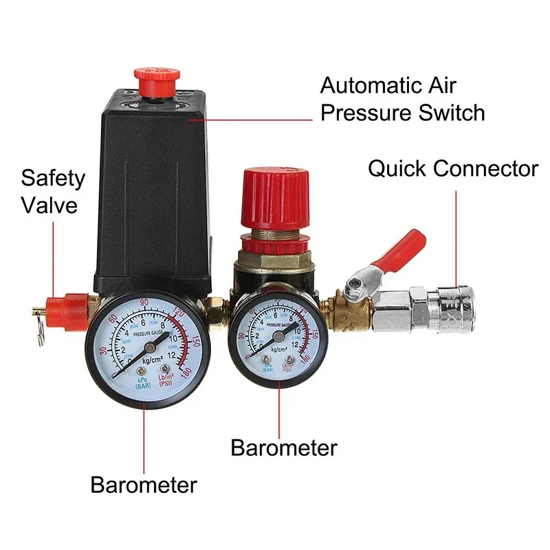 

Small Air Compressor Pressure Switch Control Valve Regulator With Gauges Fittings Pneumatic Accessories Quick Response 240V