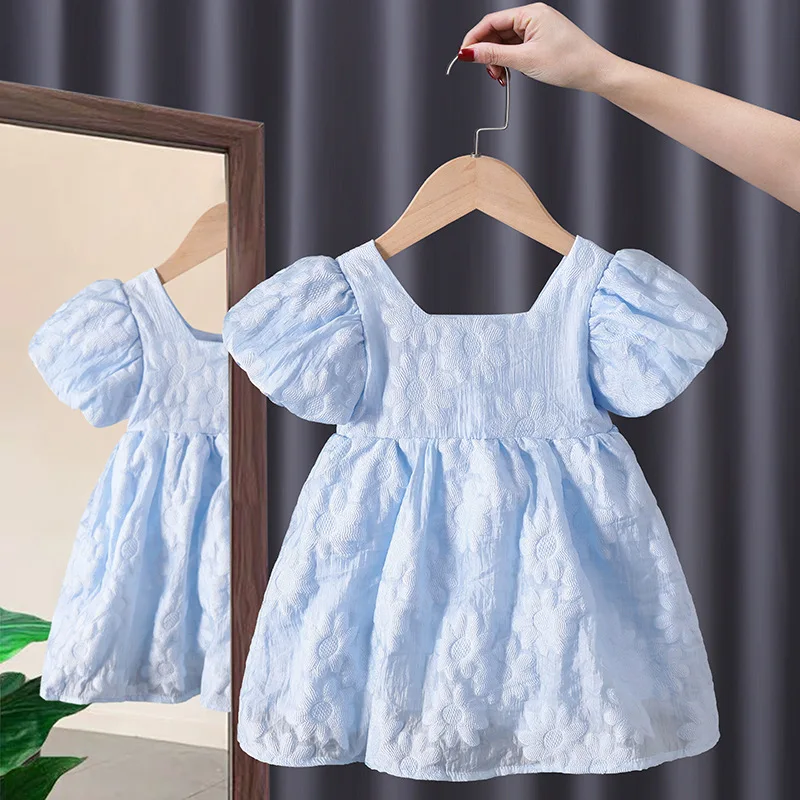 Girls' Clothing Dresses Summer Clothing2024New Children's Baby Simple Dress French Jacquard Blue Princess Dress