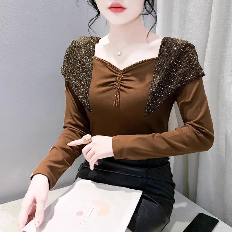 2023 neue Herbst Frauen Sexy Off Schulter T-Shirt Runway Diamanten Perlen Tops Femme Patchwork Langarm Baumwolle Tees