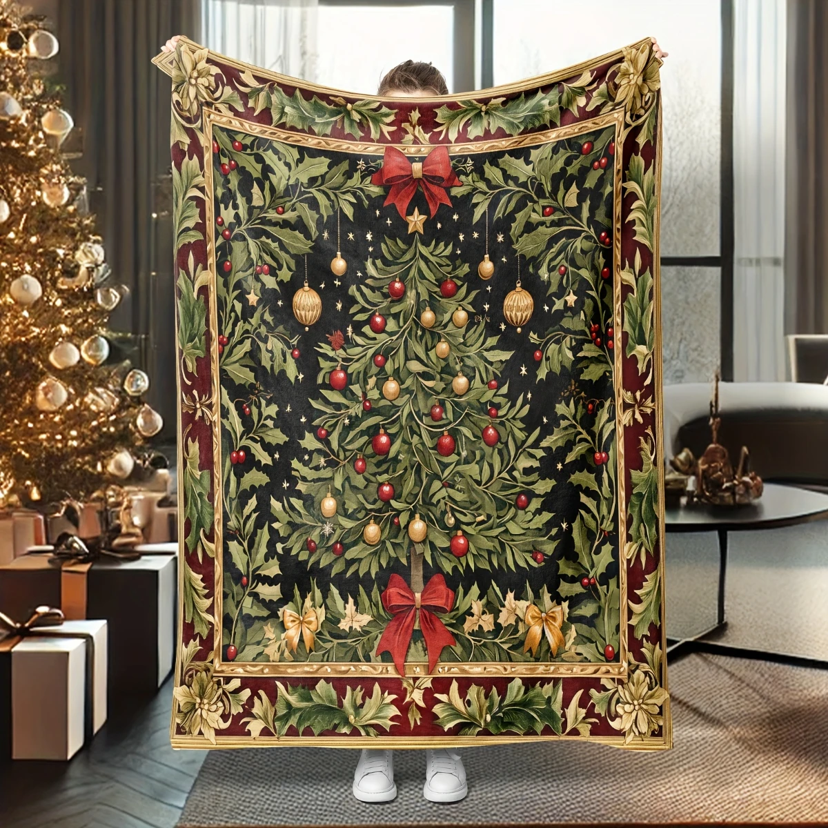 

Винтажное фланелевое одеяло с рождественской елкой и бантом — кровать, диван, офис, путешествие, подарок, украшение, стул, удобный