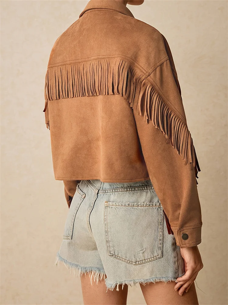 

Dourbesty женские куртки в стиле вестерн с воротником с лацканами, однотонные укороченные пальто с кисточками и длинными рукавами на пуговицах, уличная одежда с карманами 2025