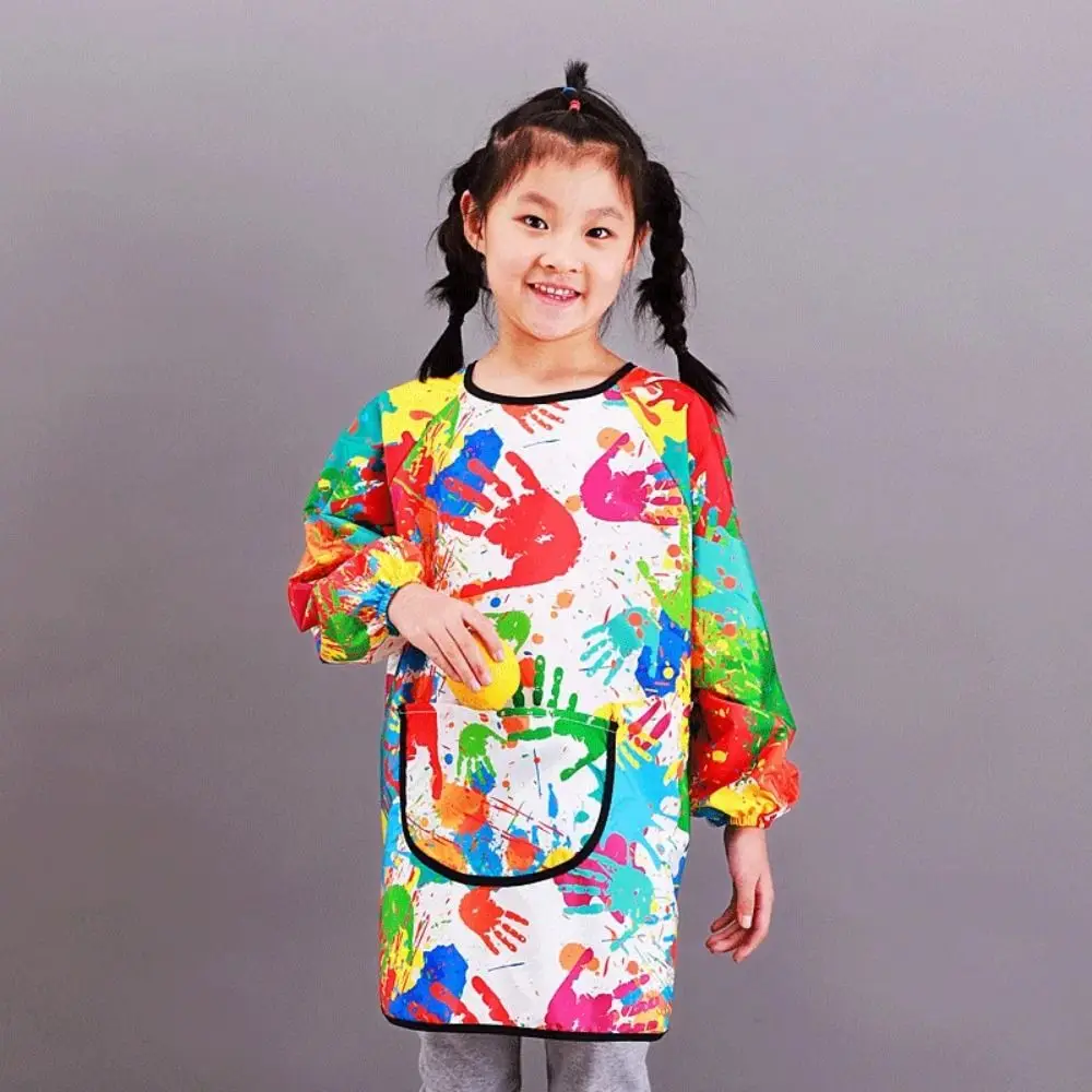 Celemek Lukisan Anak-anak Nilon Tahan Air Penutup Lengan Panjang Lukisan Seni Kain Rias Terbalik Bib Makan Bayi