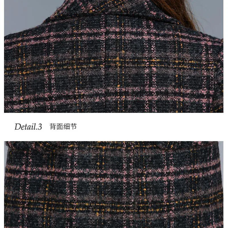 Women Clothing Plaid Wool Coat Autumn Winter Mid-Long Slim 6XL Jackets Female Double Breasted Elegant Chic Woolen Outerwear XQ72