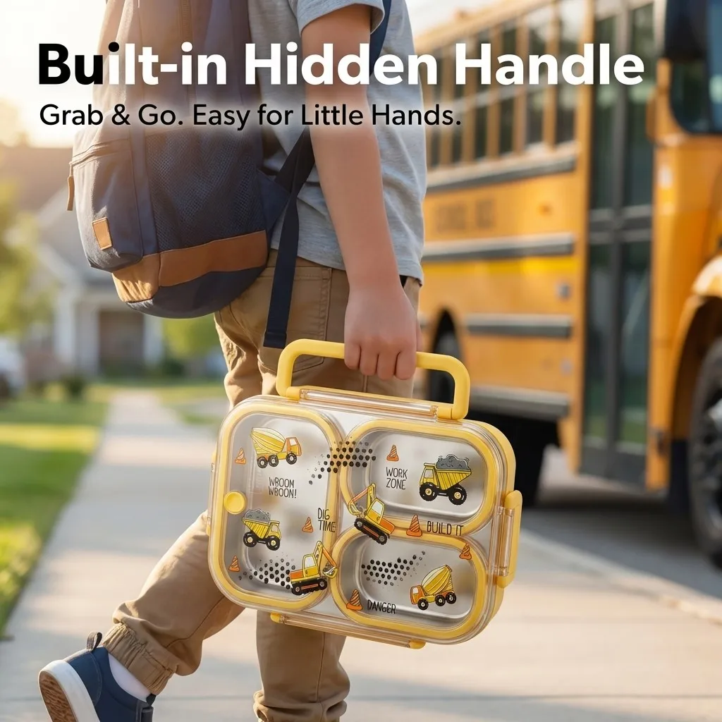 900ML Cute 304 Stainless Steel Divided Bento Lunch Box For Kids Microwave Safe Portable Leak-proof Food Container With Handle view 6