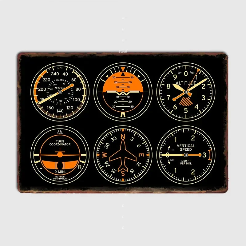 Aircraft Flight Instruments - 6 Pack Black Retro Metal Posters Home Decor Bar Cave Classic Tin Sign Room Decor Wall Decor