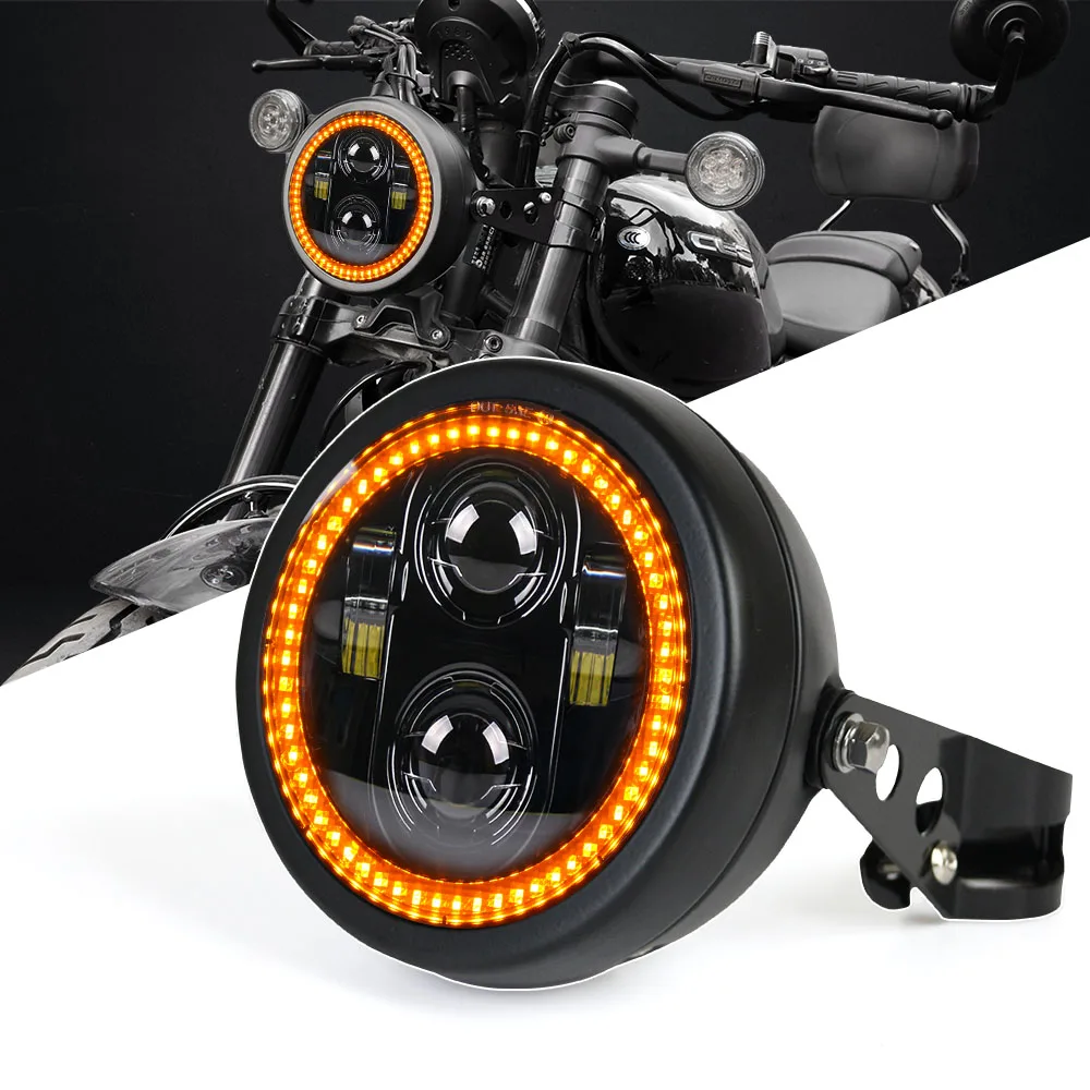 

5.75" Black Motorcycle LED Headlight with Amber Halo DRL, Metal Housing & Mount Bracket, Easy Install, Universal Fit for Harley