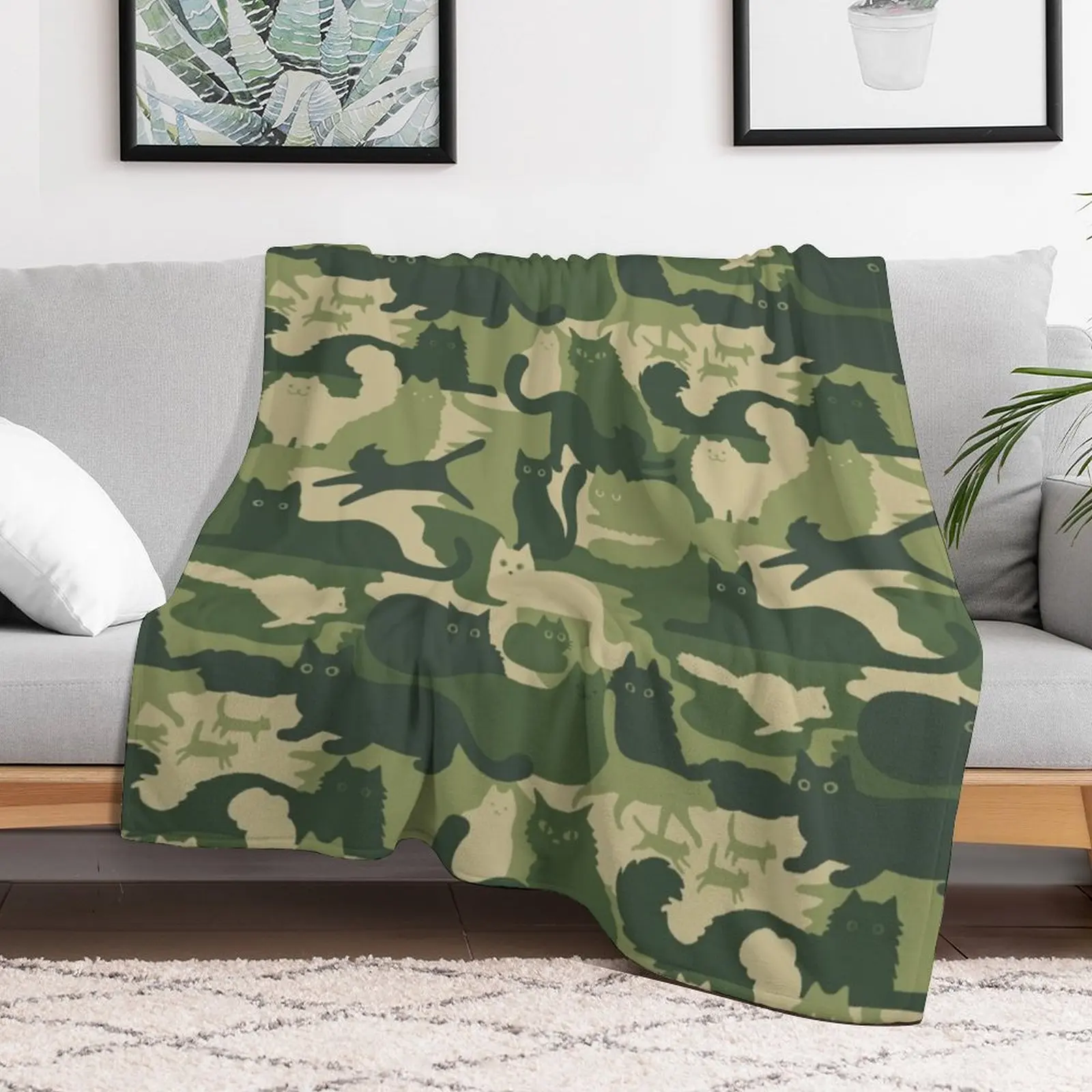 

Camouflage Pattern with Cats | Green Cat Camo Throw Blanket Sleeping Bag Decorative Beds Flannel Blankets