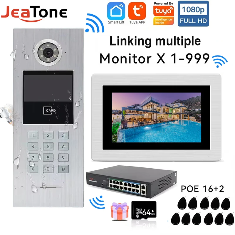 Jeatone 7 Inch IP Video Door Phone Intercom Doorbell With RFID Password Unlock Wireless WiFi 1080P Camera For Villa Apartment