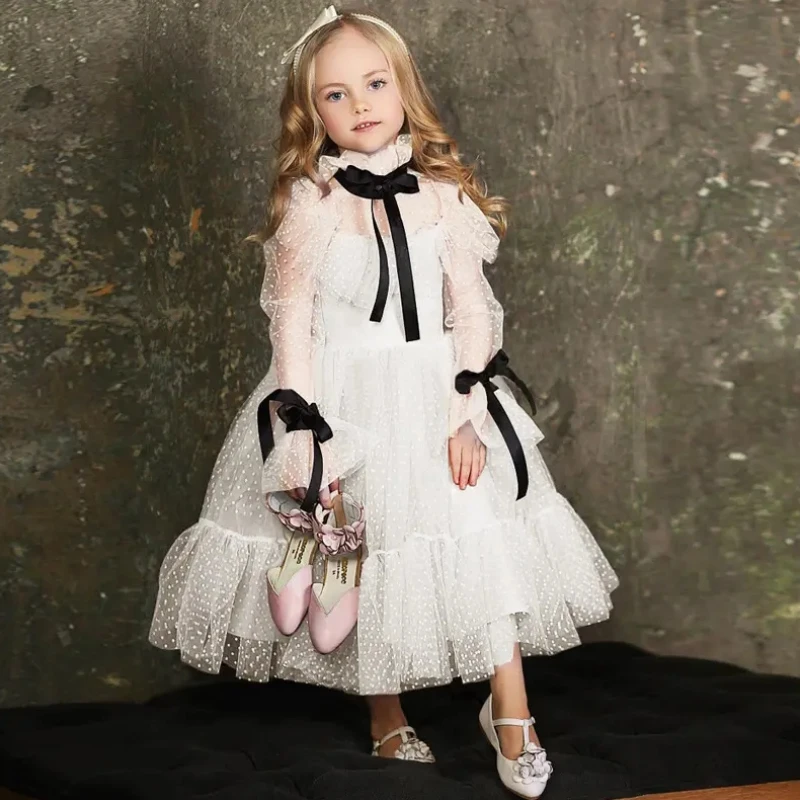 

White Flower Girl Dresses Tulle Banded Point Skirt With Black Bow Ribbon Long Sleeve For Wedding Birthday Banquet Princess Gown