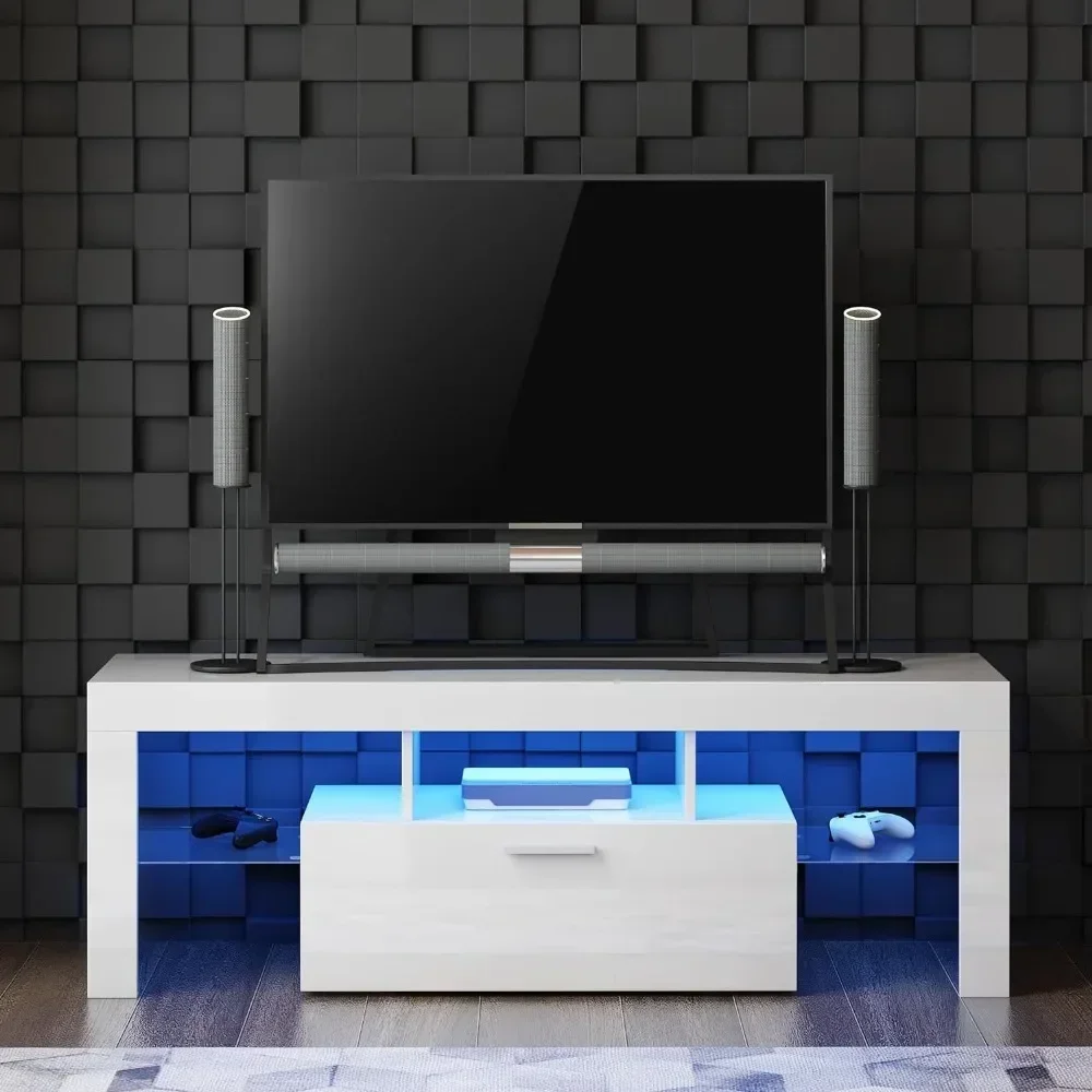 Modern White TV Stand for 32/40/50/55+ Inch , Entertainment Center Console, 16 Color LED Light Wood  Table Stand