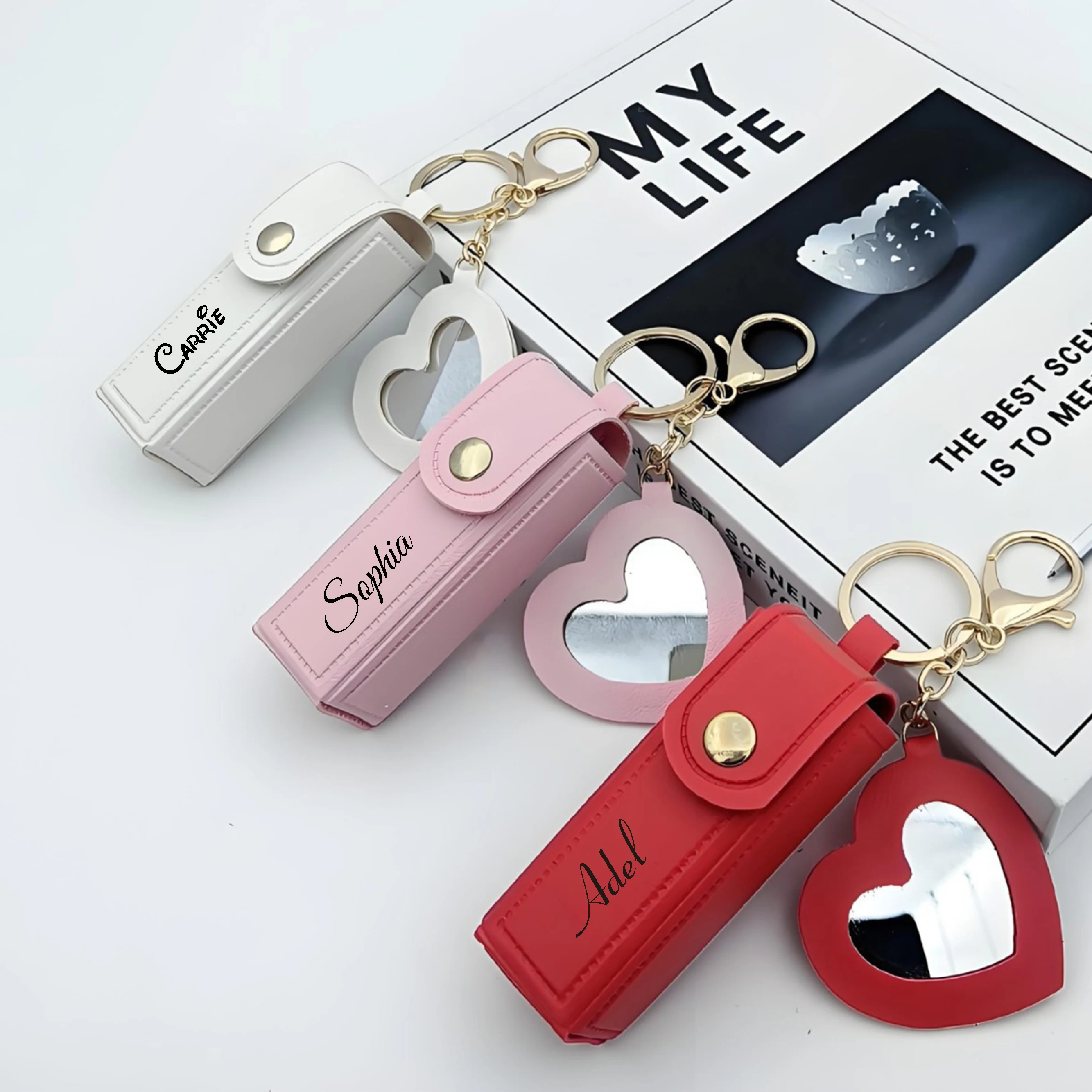 Personalized Faux Leather Lipstick Bag Keychain,Lipstick Case with Mirror,Custom Name Anti lost Storage Bag,Valentine's Day Gift