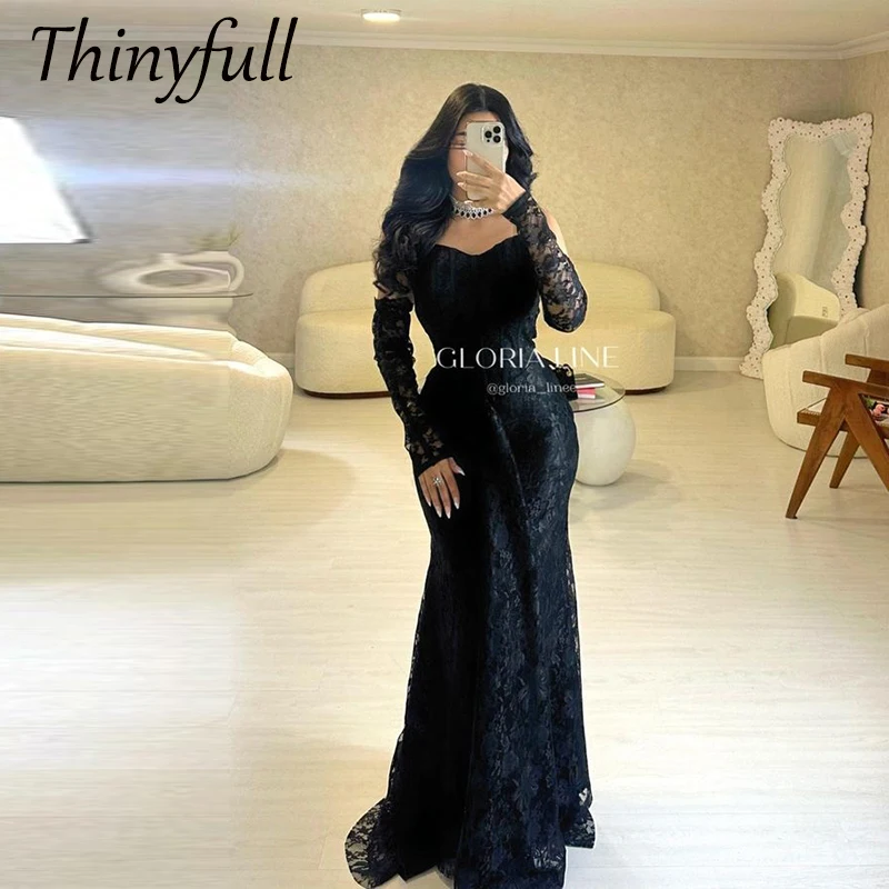 

Thinyfull Mermaid Black Prom Dresses Sweetheart Lace Evening Party Gown Detachable Sleeves Dubai 2024 Special Occasion Dress