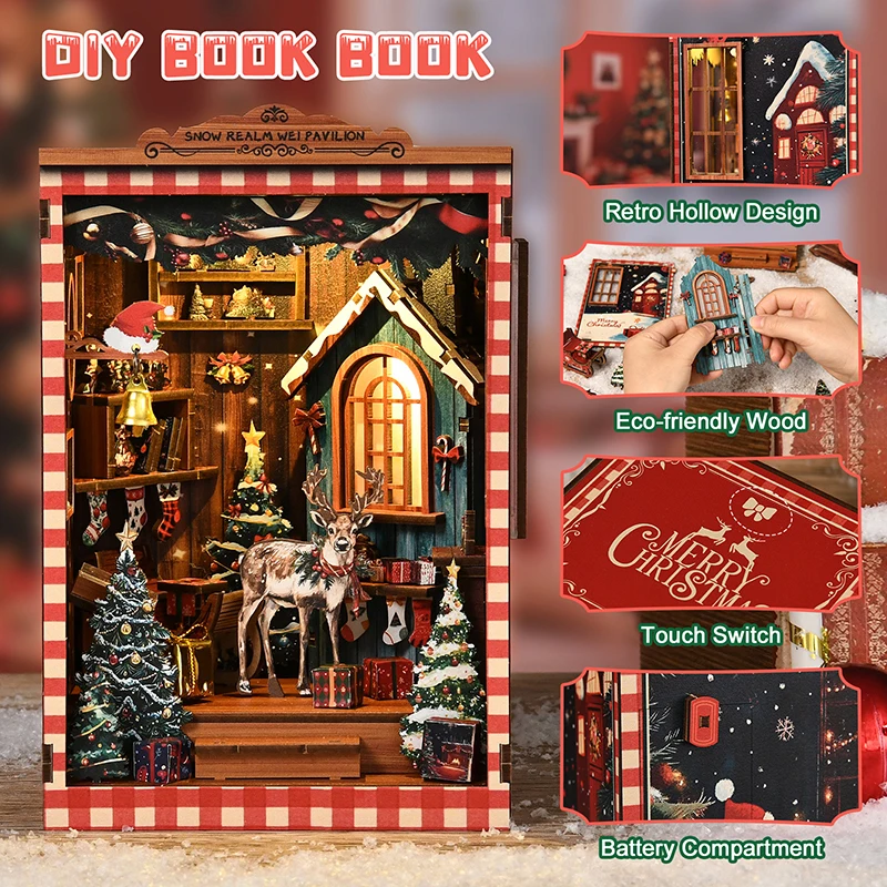 DIY Holz Weihnachten Buch Nook Regal Einsatz Kit Schneereich Wei Pavillon Buchstütze Miniatur Modell Kits Bücherregal für Freunde Geschenke