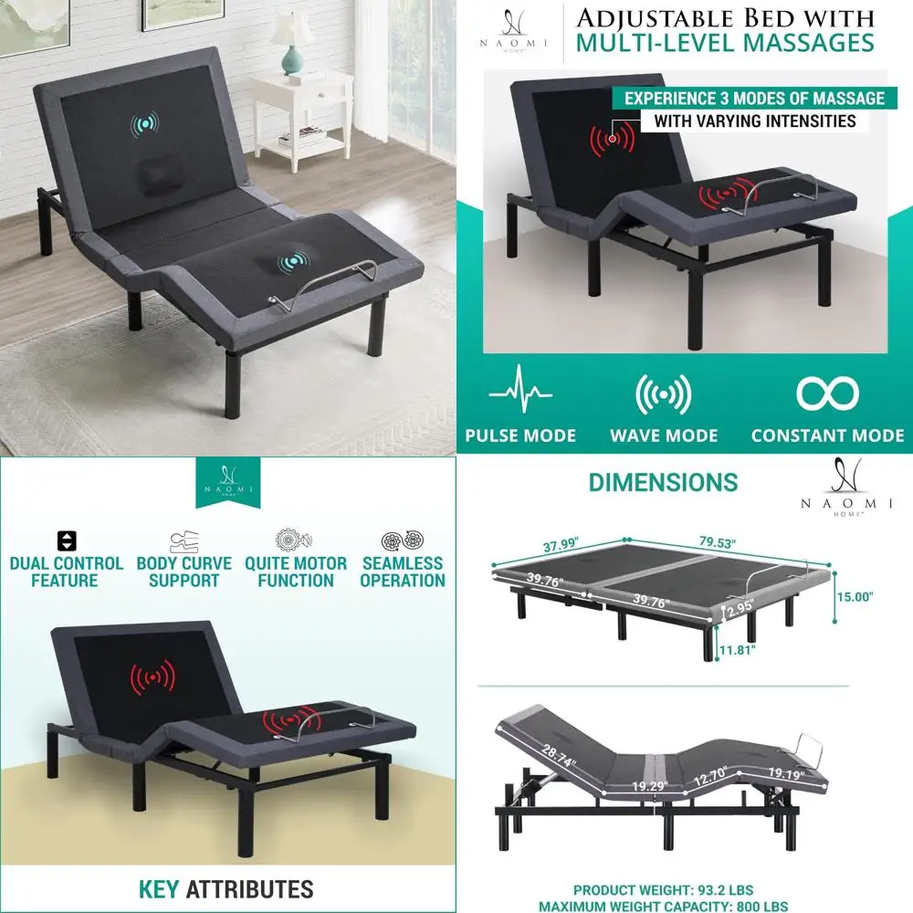 إطار سرير مزدوج الحجم قابل للتعديل مع دعم قطني، إمالة الرأس والقدم، تدليك الظهر والساق، منافذ USB، ميزات سرير التدليك #1