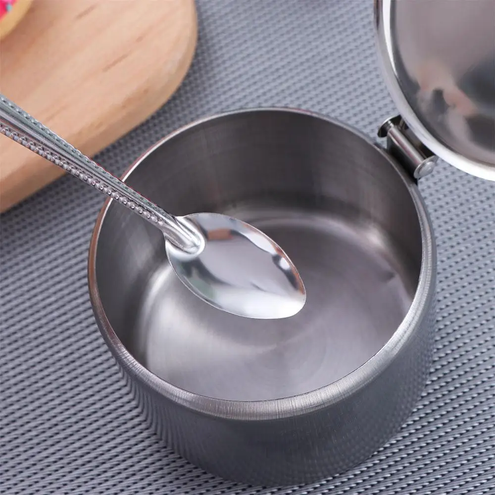 

Convenient Silver Stainless Steel Sugar Bowl Waterproof with Lid Spoon Spice Container Dustproof Condiment Pot for Kichen