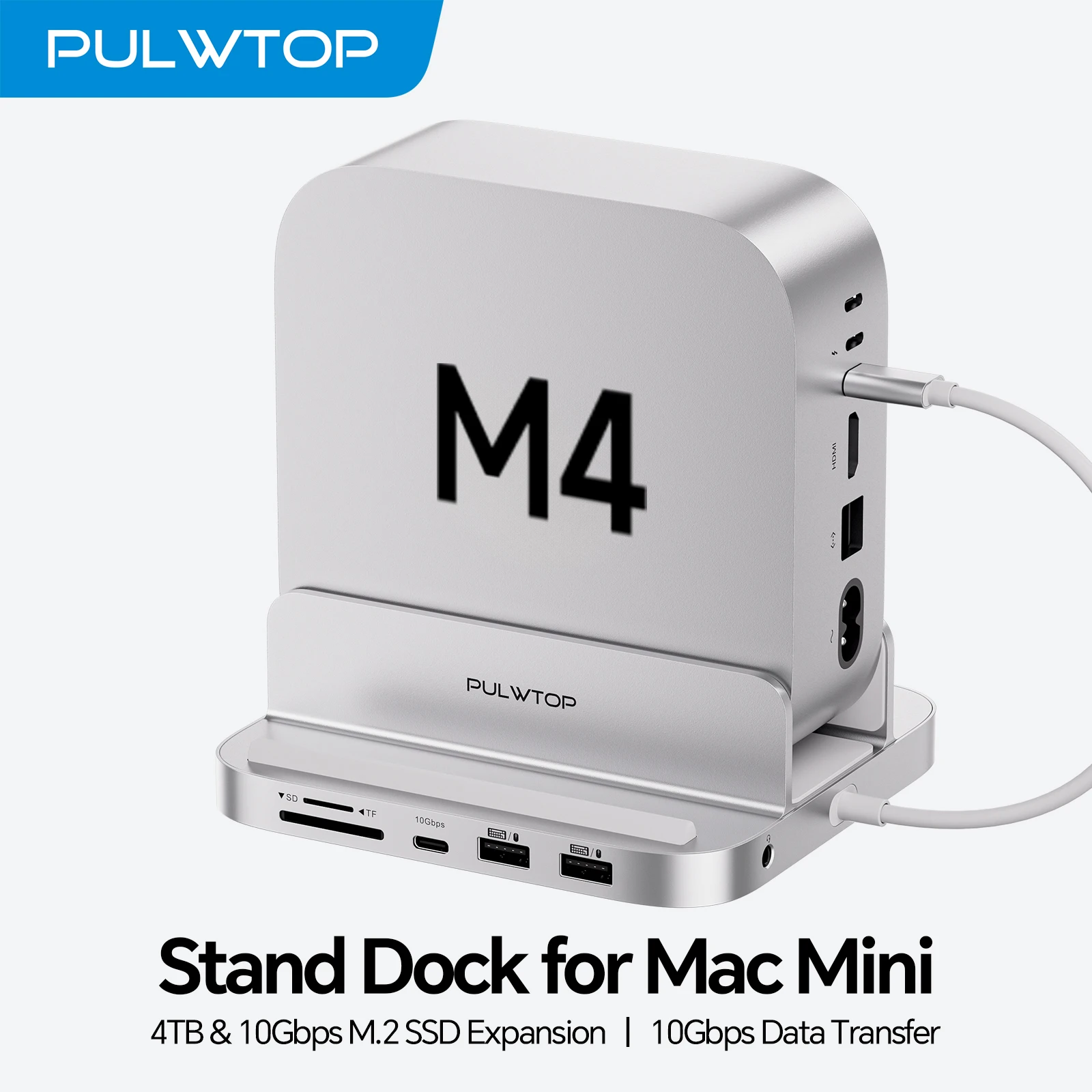 

Подставка-концентратор PULWTOP Mac Mini M4 с корпусом SSD 4 ТБ для Mac Mini M4/M4 Pro, с USB A/C 3.2, аудиомикрофоном, SD/TF